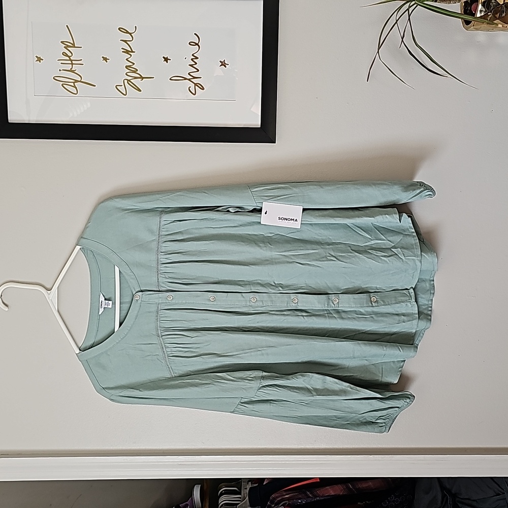 Sonoma Light Sage Green Button-Front Blouse Top 14W